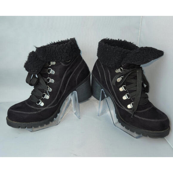 Jellypop Shoes - Jellypop Black Combat Ankle Boots Size 9.5M Lug Sole Heeled Sherpa Lined